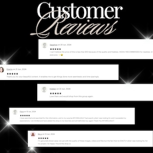 May include: Five customer reviews with five-star ratings for a shop on Etsy. The reviews highlight the quality of the products and the shop's customer service. The reviews are from June 2024.