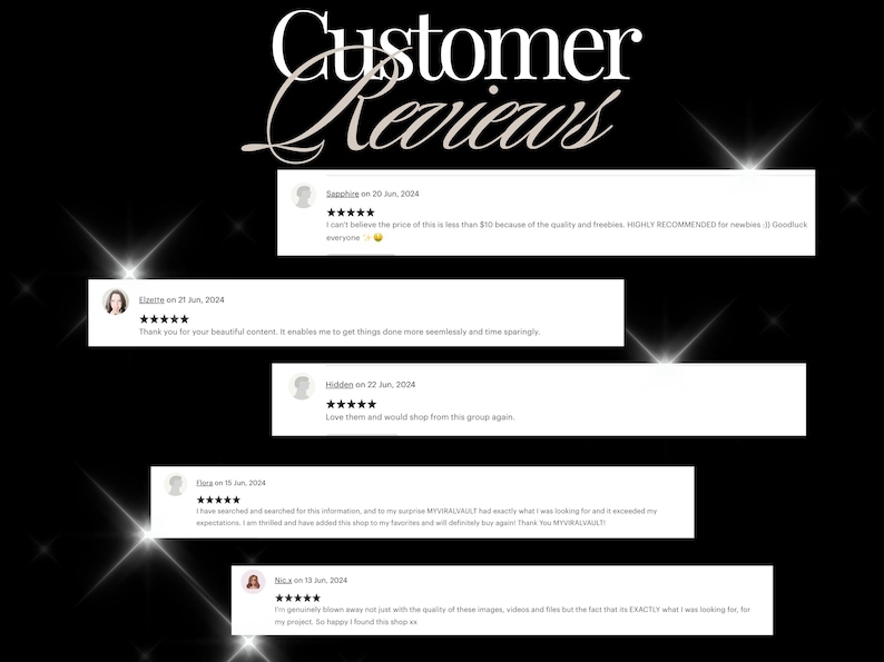 May include: Five customer reviews with five-star ratings for a shop on Etsy. The reviews highlight the quality of the products and the shop's customer service. The reviews are from June 2024.