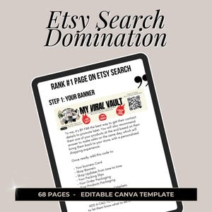 May include: A digital screen displaying a guide for Etsy sellers on how to rank #1 on Etsy search. The guide is titled "Etsy Search Domination" and includes a step-by-step guide with the title "My Viral Vault".
