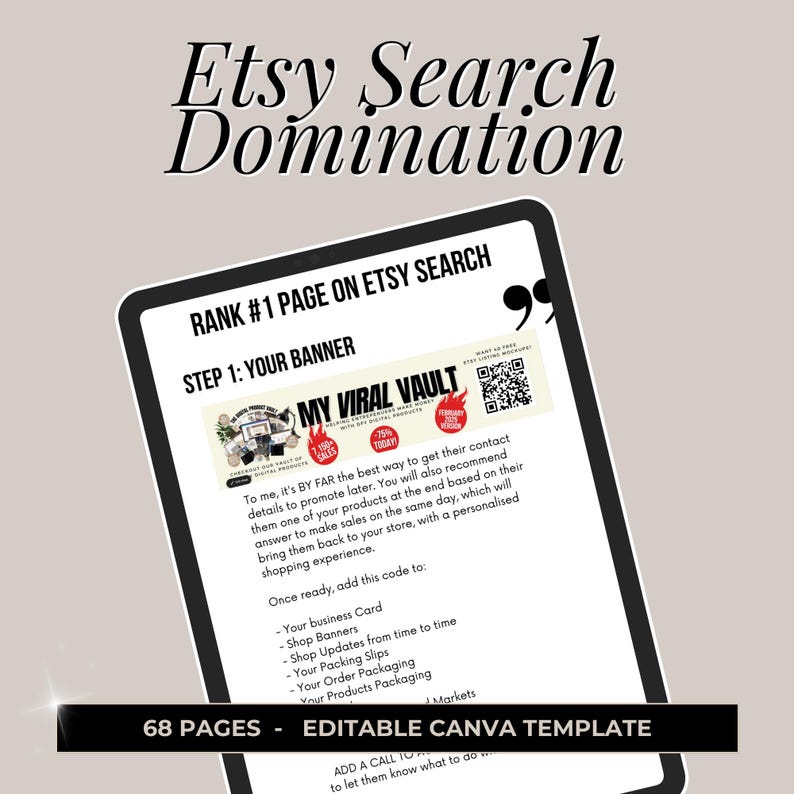 May include: A digital screen displaying a guide for Etsy sellers on how to rank #1 on Etsy search. The guide is titled "Etsy Search Domination" and includes a step-by-step guide with the title "My Viral Vault".