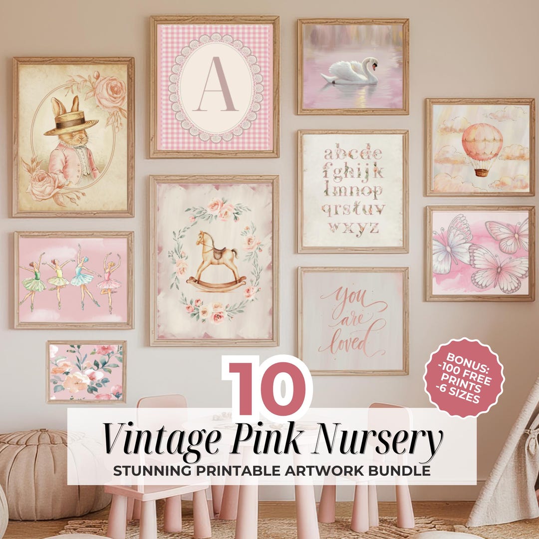 Vintage Pink Nursery Prints - Set of 10 Wall Art Digital Downloads ...