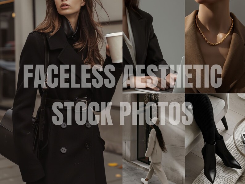 May include: A collage of four images featuring a woman in a black coat, a woman typing on a laptop, a woman wearing a brown coat with a gold chain necklace, and a woman wearing black boots and tights.