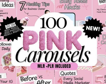 100 Pink Instagram Carousel Templates: Canva Editable, PLR MRR