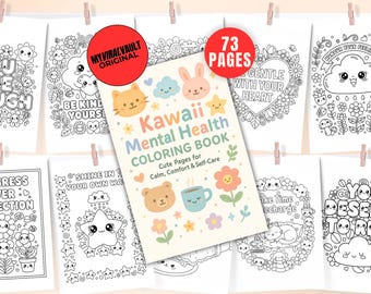 Könnte beinhalten: Eine Sammlung von Malvorlagen und ein Kawaii Mental Health Malbuch. Das Buchcover zeigt niedliche Illustrationen einer Katze, eines Hasen, eines Bären, eines Sterns, einer Blume und einer Tasse Kaffee. Das Buch hat 73 Seiten.