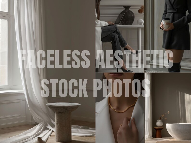 May include: A collage of four images featuring a white curtain, a woman wearing a black blazer and holding a coffee cup, a woman wearing a white blazer and a gold necklace, and a round, gray, stone-like table.