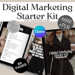 May include: A digital marketing starter kit for your online store. The kit includes 64 pages of content, 2000+ aesthetic reels, and more. The cover features a woman in a black coat holding a coffee cup. The text "Digital Marketing Starter Kit" is displayed on the cover.