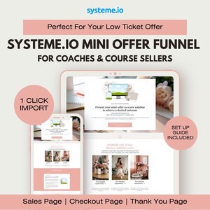 以下が含まれることがあります： Systeme.ioのロゴと「Perfect For Your Low Ticket Offer」のテキストが入ったデジタルマーケティンググラフィック。コーチやコース販売者向けのミニオファーファネルを紹介しており、セールス、チェックアウト、サンキューページが含まれています。