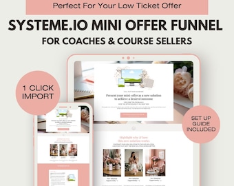 Mini modèle d'entonnoir d'offres Systeme.io : page de vente rose, maquettes Canva (guide PDF inclus)
