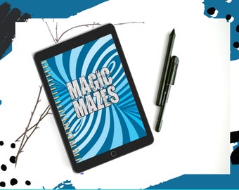 May include: A black tablet displaying a blue and white spiral background with the text MAGIC MAZES in silver glitter lettering, featuring a gold spiral binding on the left side and a black stylus pen positioned to the right of the device.