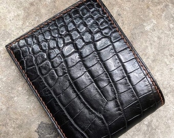 Crocodile Reptile Pattern Genuine Leather Stamped Grain Bifold Mens Wallet ID