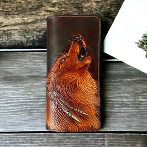Cartera larga de lobo hecha a mano, cartera larga tallada en cuero