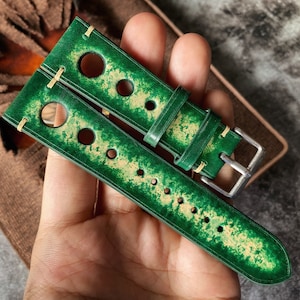 Patina Green Rally Leather Watch Straps, Rally Straps, Best leather watch straps, Men leather watch strap 22mm, 21mm, 20mm, 19mm, 18mm, 16mm
