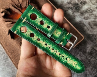 Patina Green Rally Leather Watch Straps, Rally Straps, Best leather watch straps, Men leather watch strap 22mm, 21mm, 20mm, 19mm, 18mm, 16mm