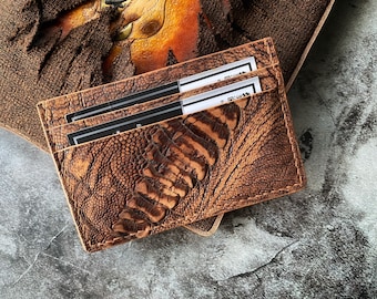 Gift for Him Personalized Minimalist Wallet/Slim Card wallet/Nubuck Brown Stone Washed Ostrich Leg Skin Card Holder