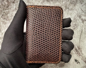 Leather Money Clip WalletPersonalized Minimalist Wallet/Slim Card wallet/Dark Brown And Orange Lizard Small wallet