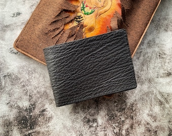 Minimalist Black Shark Skin Leather Men Wallet; Mens Wallet, Exotic leather Wallet, Best Leather Men Wallet, Personalized Men Wallet