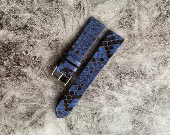 Marine Blue Python Watch Straps, Leather Watch Bands, Best Leather Watch Strap, Straps for Watches 24mm, 22mm, 21mm, 20mm, 19mm, 18mm, 16mm