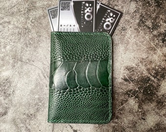 Leather money clip/ Custom Minimalist Green Ostrich Leg leather bifold wallet, Slim Card wallet, Men Bifold wallet