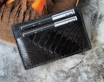 ON SALE - Personalized Minimalist Wallet/Slim Card wallet/Black Ostrich Leg Skin Card Holder
