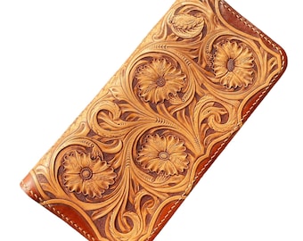 Handmade Leather Carving Long Wallet, Sheridan Style Carving Long Wallet