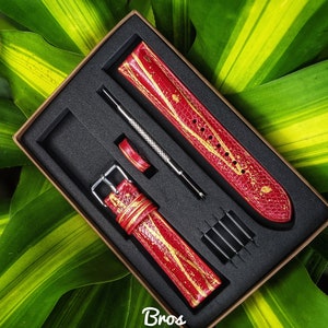 Red and Gold Lizard Leather Watch Straps, Leather Watch Bands, Best Leather Watch Strap, Straps for Watches 24mm, 22mm, 21mm, 20mm, 19mm