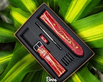 Red and Gold Lizard Leather Watch Straps, Leather Watch Bands, Best Leather Watch Strap, Straps for Watches 24mm, 22mm, 21mm, 20mm, 19mm
