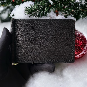 Billetera minimalista de piel de tiburón negra con clip para billetes; billetera minimalista para hombres, billetera de cuero exótico, billetera de cuero, billeteras personalizadas para hombres