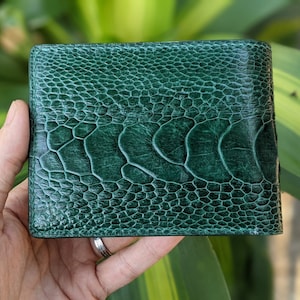 Carteira masculina com perna de avestruz verde, carteira de couro para homens, carteira masculina com bolso para notas, carteira masculina com duas dobras, melhor carteira para homens, carteira masculina personalizada