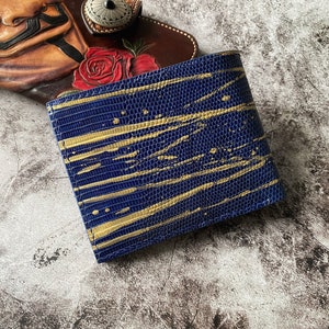 Cartera de hombre de lagarto azul marino personalizada, cartera de hombre plegable