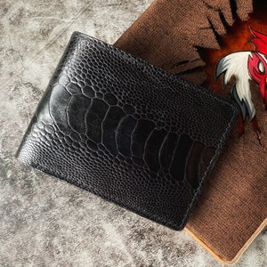 Cartera negra para hombre con pierna de avestruz, cartera de cuero para hombre, cartera para hombre Billfold, cartera para hombre bi-fold, mejor cartera para hombre, cartera personalizada para hombre