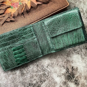 Green Ostrich Leg Wallet with Coin Pocket, Men’s coin wallet, Leather Wallet for Men, Bi-fold men wallet, Leather Men Wallet with Coin pouch