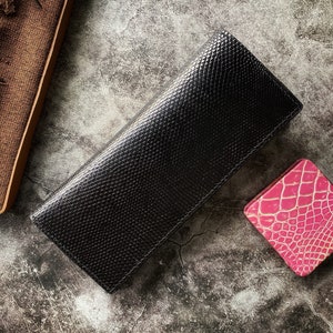 Cartera larga de lagarto negro, cartera larga de cuero, cartera plegable, la mejor cartera larga de cuero para hombres y mujeres.