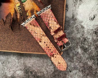 Leather Straps for Apple Watch, Glossy Pink Python Watch Straps, Apple Watch Bands 38mm 40mm 41mm 42mm 44mm 45mm, Series 8 7 6 5 4 3 2 1 SE