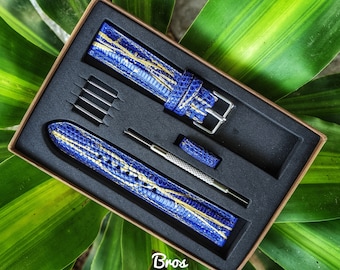 Blue and Gold Lizard Leather Watch Straps, Leather Watch Bands, Best Leather Watch Strap, Straps for Watches 24mm, 22mm, 21mm, 20mm, 19mm