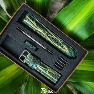 Green and Gold Lizard Leather Watch Straps, Leather Watch Bands, Best Leather Watch Strap, Straps for Watches 24mm, 22mm, 21mm, 20mm, 19mm