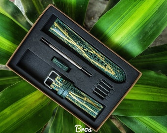 Green and Gold Lizard Leather Watch Straps, Leather Watch Bands, Best Leather Watch Strap, Straps for Watches 24mm, 22mm, 21mm, 20mm, 19mm