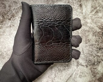Leather Money Clip WalletPersonalized Minimalist Wallet/Slim Card wallet/Black Ostrich Leg Small wallet