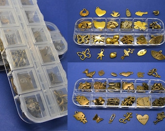 assortment charms and pearls, children's activity, animal love, gold gold gold metal, plastic storage box