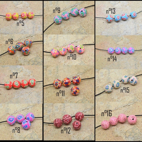 10 perles fimo, pâte polymère, ronde 9mm à 10mm, fleur multicolore