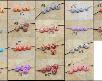 10 perles fimo, pâte polymère, ronde 9mm à 10mm, fleur multicolore