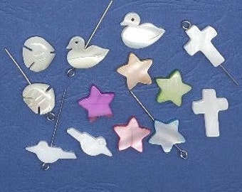 2 duck, bird, white mother-of-pearl, shell beads