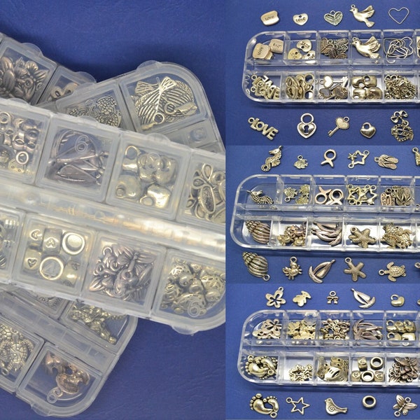 assortiment perles et breloques, en métal argent, kit enfant, boîte plastique rangement