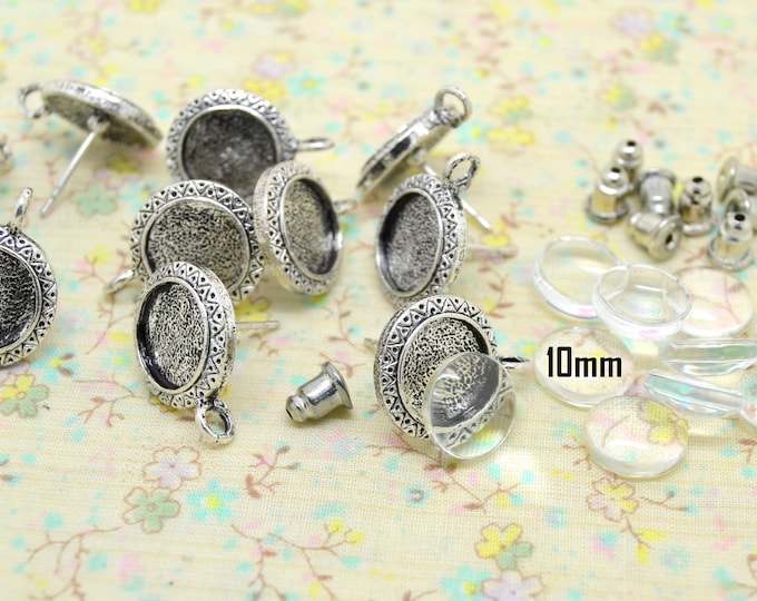 silver chip 10 earrings 10mm round metal rod holder glass cabochon tray