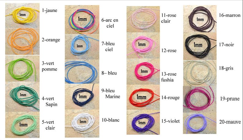 May include: Twenty spools of 1 mm cord in various colors, including yellow, orange, green, blue, red, pink, purple, brown, black, gray, and white. Each spool is labeled with a number and a color name in French.