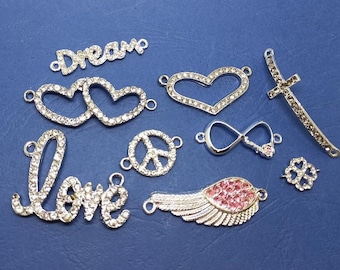 1 dream charm connector, in silver metal, with crystal rhinestones, word text message