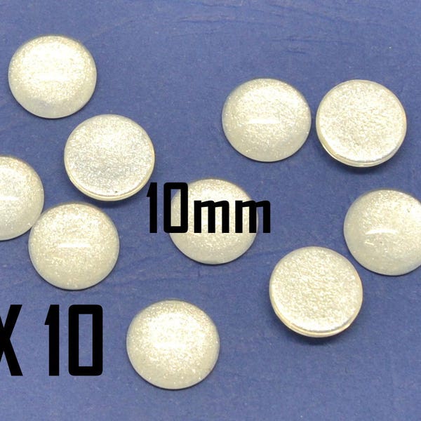 10 cabochons, en verre nacré, blanc oaque, rond bombé 10mm