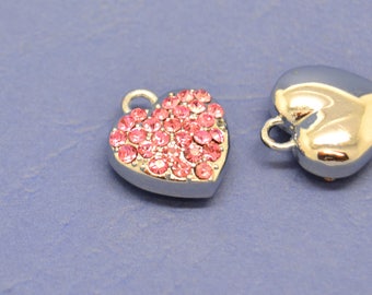 1 breloque pendentif coeur, amour, avec strass rose, en métal argenté