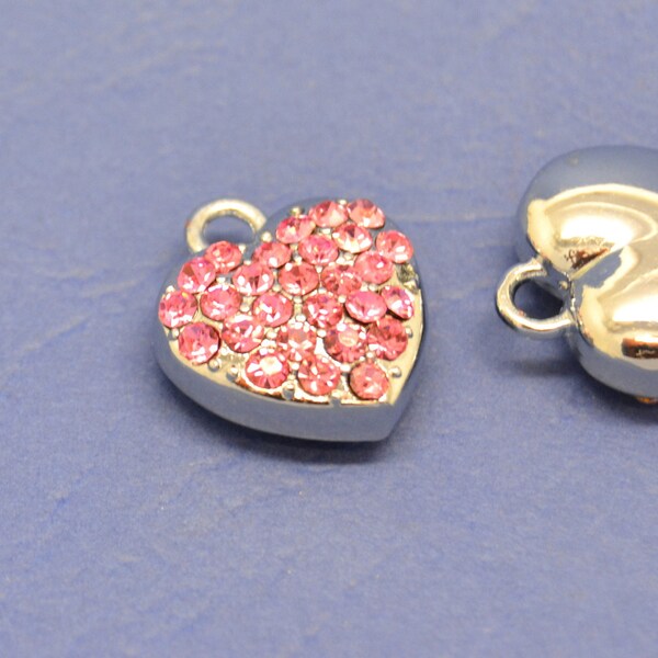 1 breloque pendentif coeur, amour, avec strass rose, en métal argenté