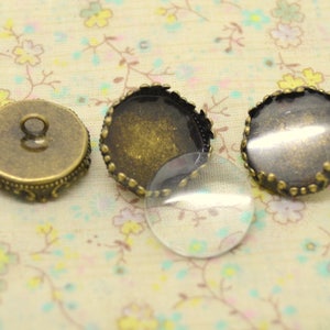 2 ou 10 boutons ou pendentifs, en métal ton bronze, avec cabochons en verre, plateau rond, 14mm, base support Lot de 2