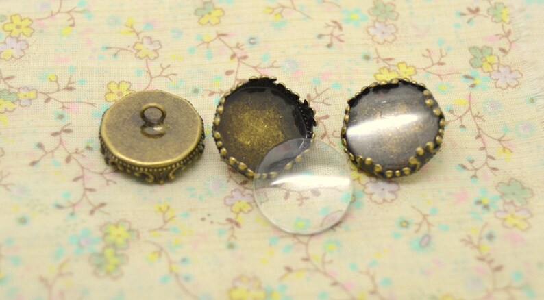 2 ou 10 boutons ou pendentifs, en métal ton bronze, avec cabochons en verre, plateau rond, 14mm, base support Lot de 2